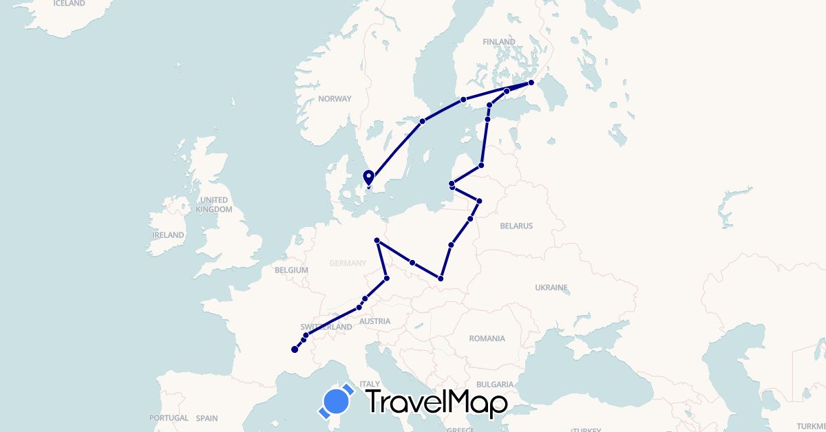 TravelMap itinerary: driving in Switzerland, Czech Republic, Germany, Denmark, Estonia, Finland, France, Lithuania, Latvia, Poland, Sweden (Europe)